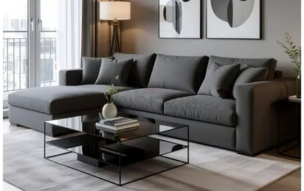 Modern Grey L-Shaped Fabric  4 seater Sofa