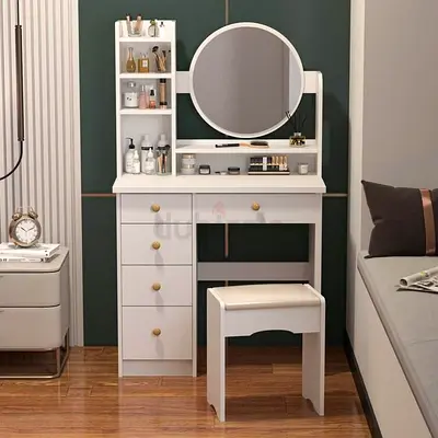 White Dressing Table Vanity with Round Mirror and Stool - 5 Drawers