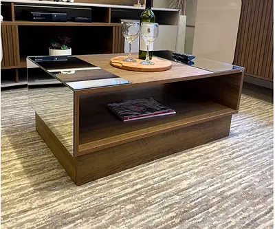Modern Wood  Glass Rectangular Coffee Table with Open Shelf
