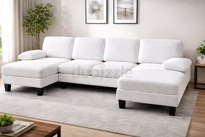 Large White L-Shaped Corner Sofa with Chaise - Good Condition