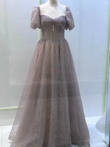 Elegant Sparkle A-line Evening Gown with Puff Sleeves