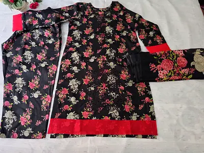 Black Floral Salwar Kameez Set with embroidered chicken kari shirts - Medium