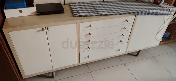 Long low storage sideboard with drawers and cabinets - light wood  white