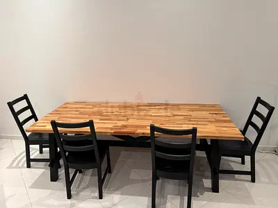 Wood Dining Table with 4 Matching Chairs - Natural Top, Black Base