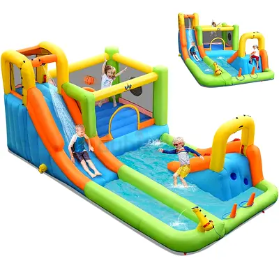 Inflatable Water Slide, 7 in 1 Double Long Slide Giant Water Park w/Climbing Wall, Splash Pool, Bask
