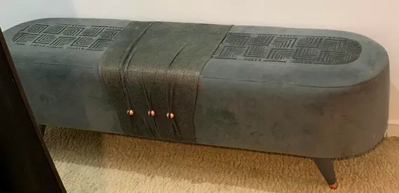 Upholstered Velvet Bench/Ottoman with Decorative Strap (Grey) - Good Condition