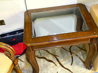 Solid wood side table with glass top — classic design