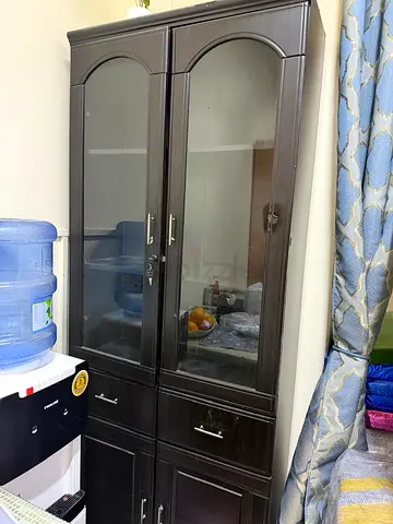 Dark Wood Glass Door Cabinet with Drawers - Good Condition