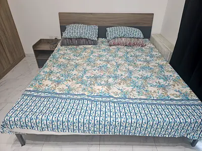 King size bed frame with mattress, bedside table and dressing table- good condition