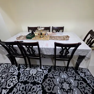 Wooden Dining Table with 7 Chairs and Decorative Set