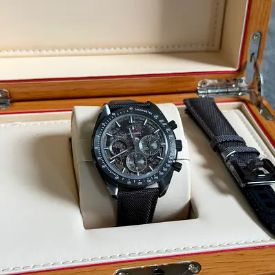 Omega Mens Black Skeleton Chronograph Watch with Tachymeter