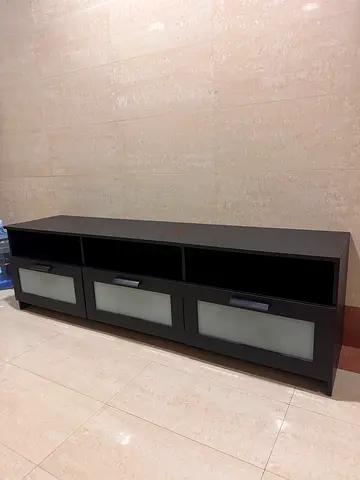 Low TV Entertainment Unit with Frosted Glass Drawers - Dark Wood