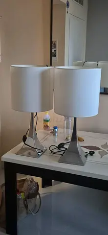 Pair of modern chrome and white drum bedside/table lamps - set of 2