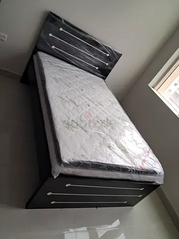 Couple Bed Frame with New  Topper Mattress — Dark Wood, Modern Design