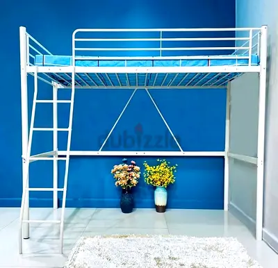 Homebox White Metal Loft Bed with Ladder - Space saving, Single Size, Sturdy Frame