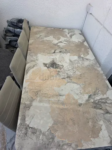 Marble-effect Dining Table with 6 Beige Leather Chairs