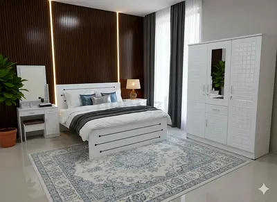 White 3-Piece Bedroom Set with Queen  Bed, Wardrobe  Dressing Table