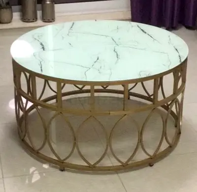Round Marble-Top Gold Metal Coffee Table