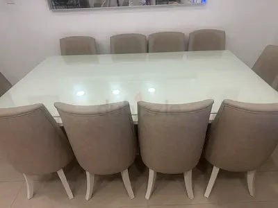 10 Seater Glass Top Dining Table with Upholstered Chairs - Beige