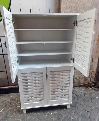 White Wooden Storage Cabinet with Shutter Doors - 4 Shelves