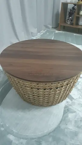 Round Woven Rattan Ottoman with Removable Wooden Top