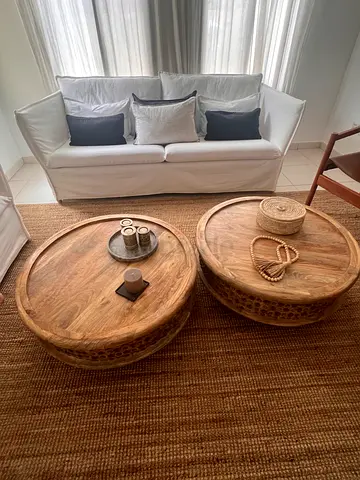 Set of 2 Round Carved Mango Wood Coffee Tables / Low Tables