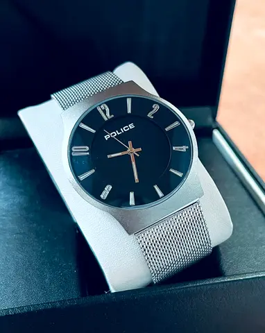 Police mens silver mesh strap Copy watch – black dial