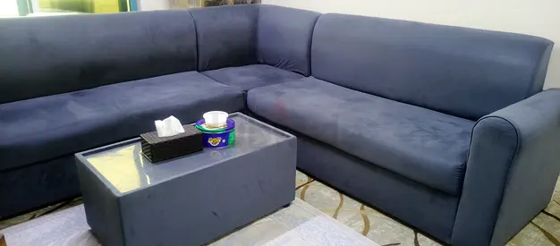 Blue L-shaped Corner Sofa — Good Condition, Plush Fabric