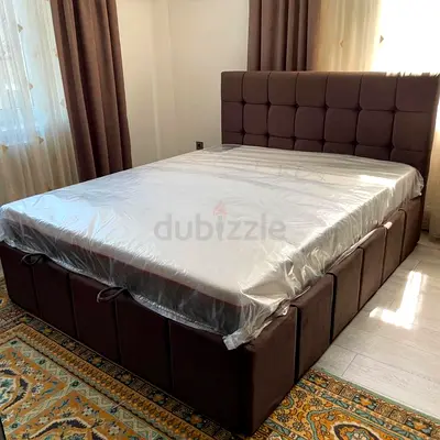 King Size Upholstered Storage Bed with Headboard — Brown