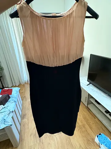 Black Pencil Dress with Beige Pleated Bodice