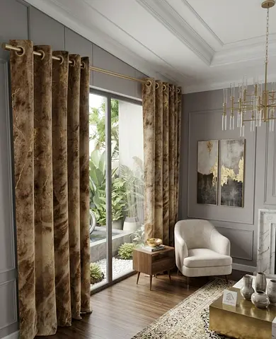 Pair of Heavy Velvet Eyelet Curtains - Brown Marble Effect