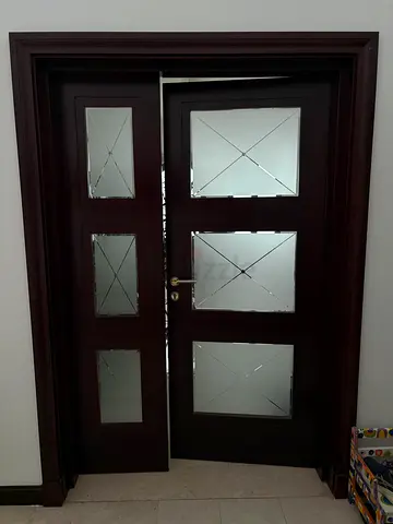 2xSolid Wooden Double Interior Door with Frosted Glass Panels - Dark Mahogany, 1xSingle