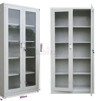 Tall Metal Storage Cabinet with Glass Doors - 4 Shelves, Lockable