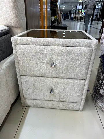 Upholstered 2-Drawer Bedside Table with Crystal Knobs - Light Beige