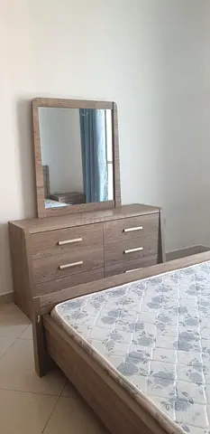 Oak-finish Bedroom Dresser with Mirror and Matching Bed Frame (Set)