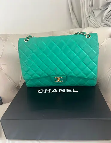 Authentic Chanel Classic Quilted Maxi Flap Bag - Green Lambskin
