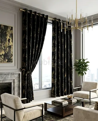 Set of Heavy Black Velvet Curtains with Gold Pattern (2 Panels)