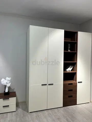 White  Walnut 3-Door Wardrobe with Open Shelves and Drawers