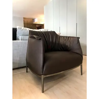 x2 POLTRONA FRAU Archibald Leather Armchairs in dark brown leather with chrome plated metal base