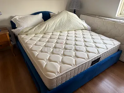 King size blue velvet upholstered bed with near-new mattress