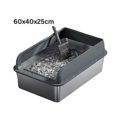 XXL Cat Litter Box Stainless Steel with Scoop and Anti-Splash Cover 60x40x25cm