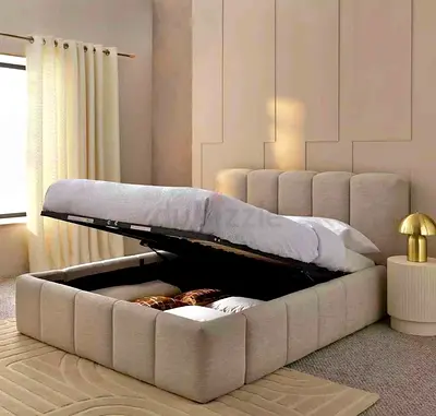 Hydraulic Storage Fabric Ottoman Storage Bed with Padded Headboard - Queen/King (Beige)