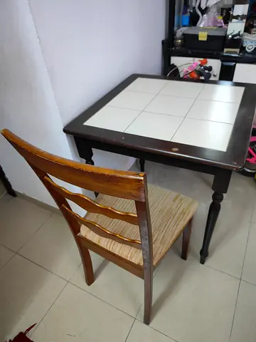Wooden dining/side table with ceramic tile top and single wooden chair
