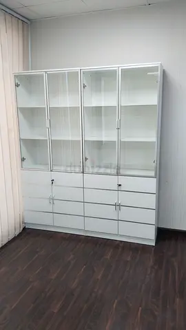 Large White Display Cabinet with Glass Doors and Drawers