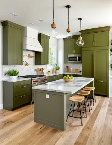 Olive Green Modern Kitchen Cabinet Set with Marble Island