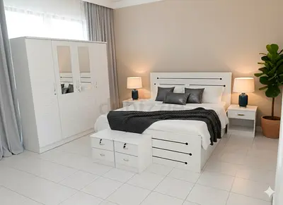 White 3-Piece Bedroom Set: Bed, Wardrobe  Nightstands (Modern)