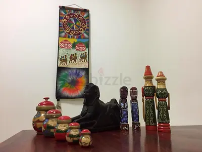 Handcrafted Decorative Wooden Figurines and Sphinx Sculpture Set with Wall Hanging