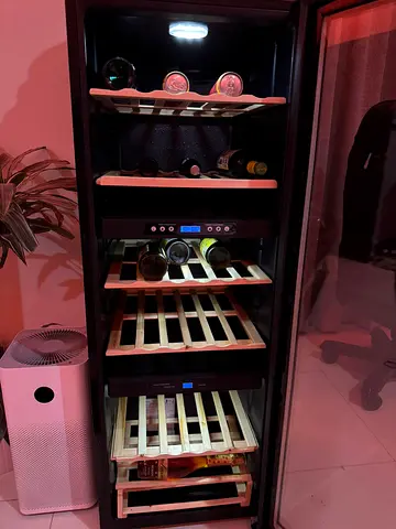 72 Bottles Capacity Hoover Brand Tall freestanding wine cooler with wooden shelves Dual Temperature