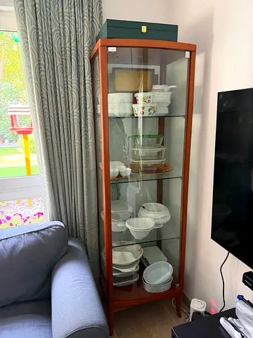 Tall Glass Display Cabinet – Wood Frame, Interior Light, 4 Shelves
