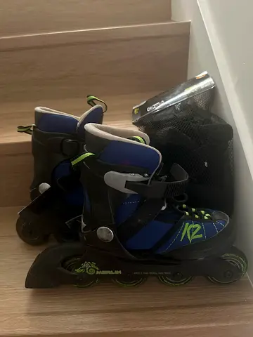 Kids adjustable inline rollerblades with carry bag - good condition K2 plus free protection